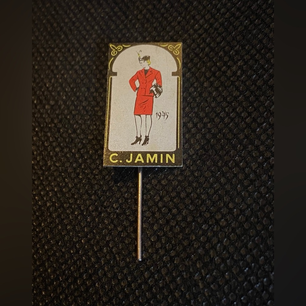 Vintage Tin 1949 Ladies Fashion C. Jamin Advertising Pin #9109